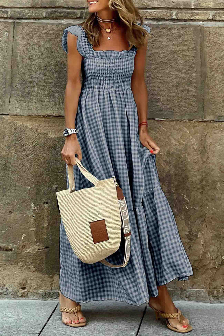 Plaid Ruffled Sleeveless Shirred Midi Dress Blue · S