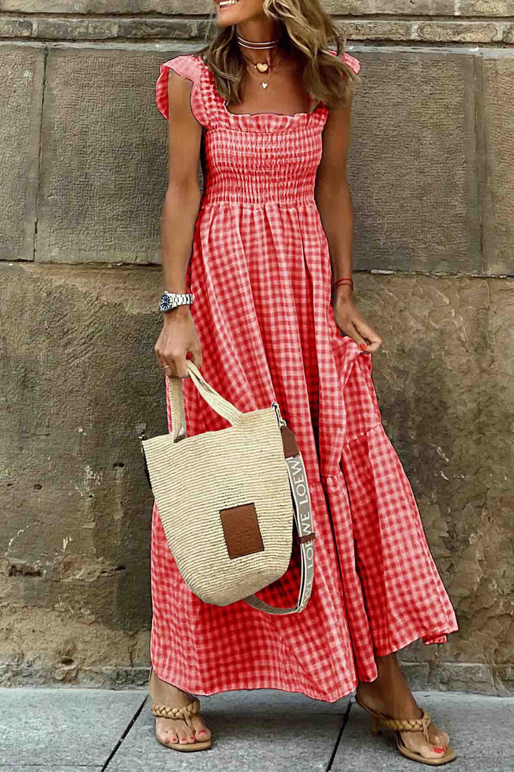 Plaid Ruffled Sleeveless Shirred Midi Dress Blue · M