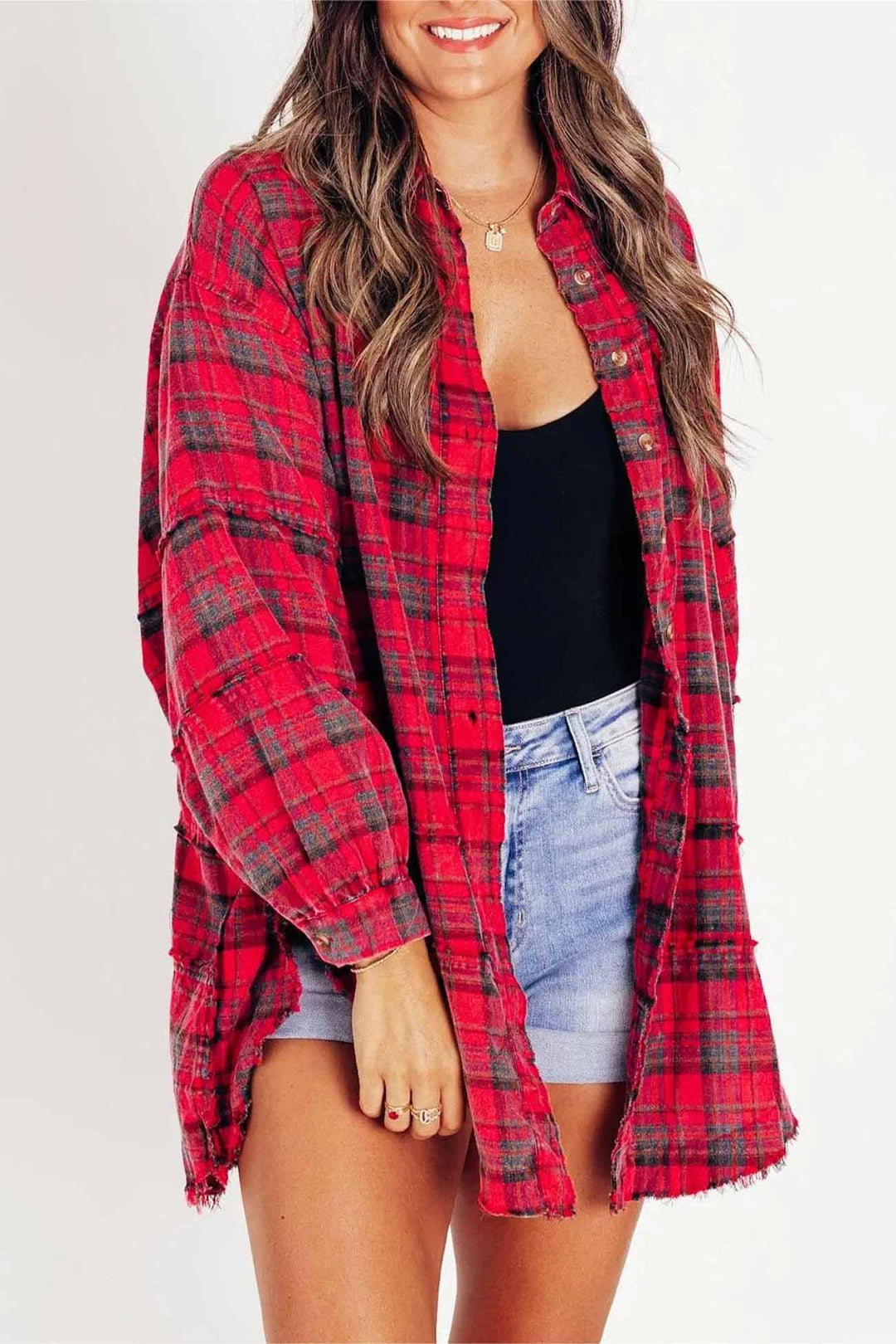 Plaid Button Down Fringed Slit Hem Blouse Red · S