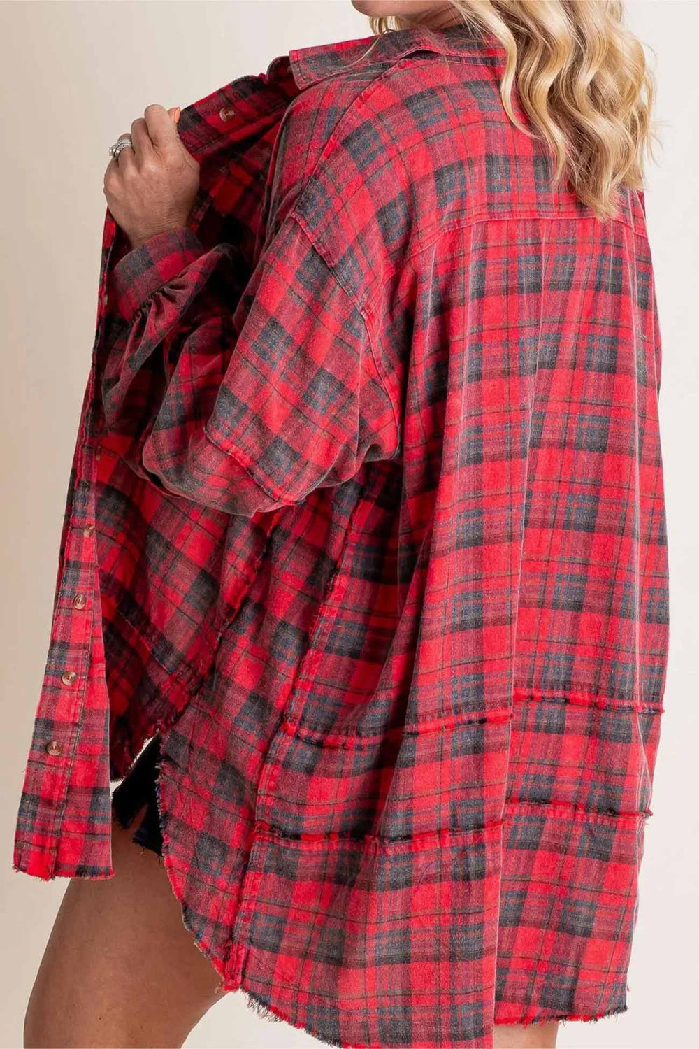 Plaid Button Down Fringed Slit Hem Blouse Red · M