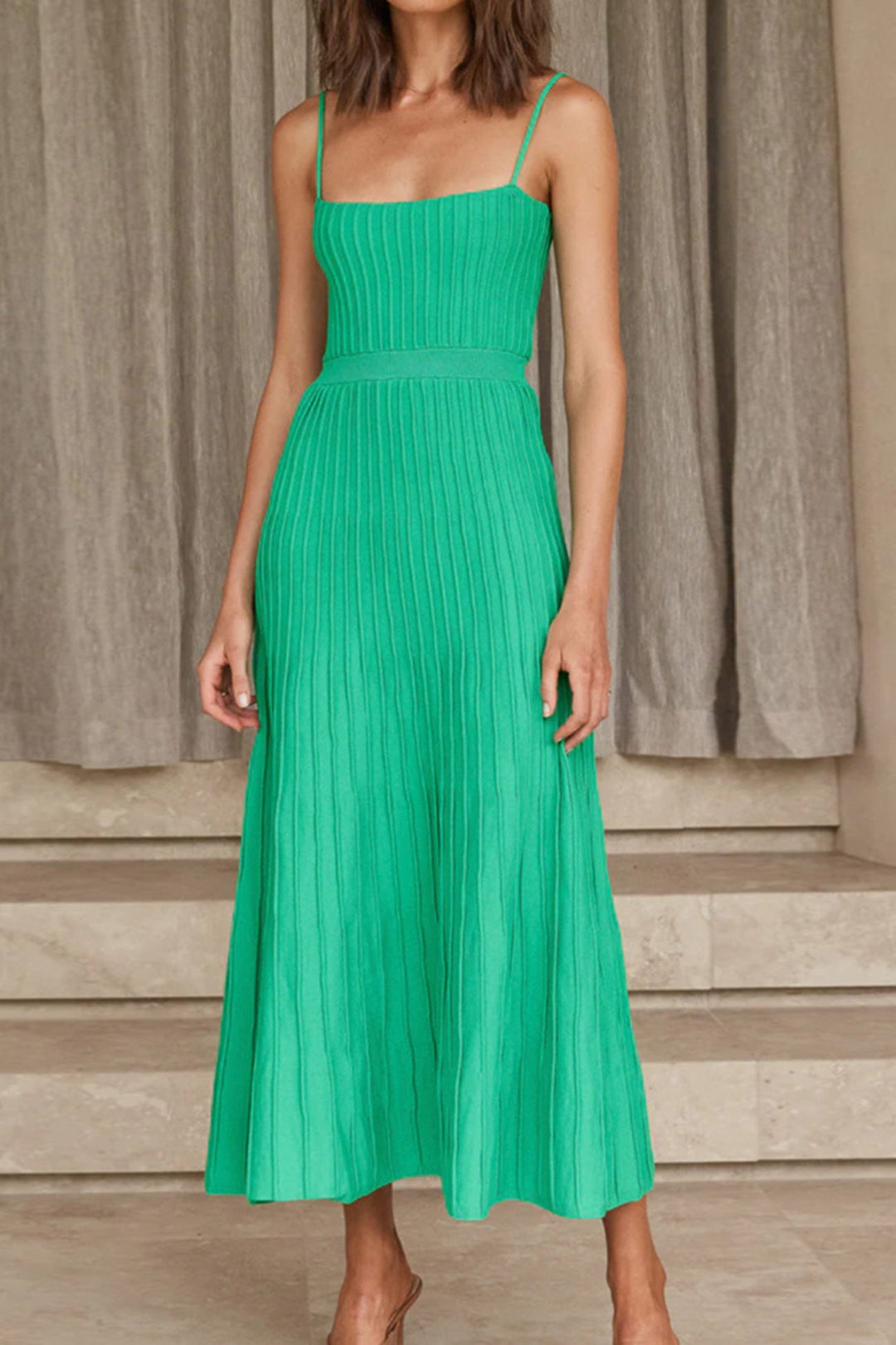 Pleated High Waist Knit Dress Khaki · M