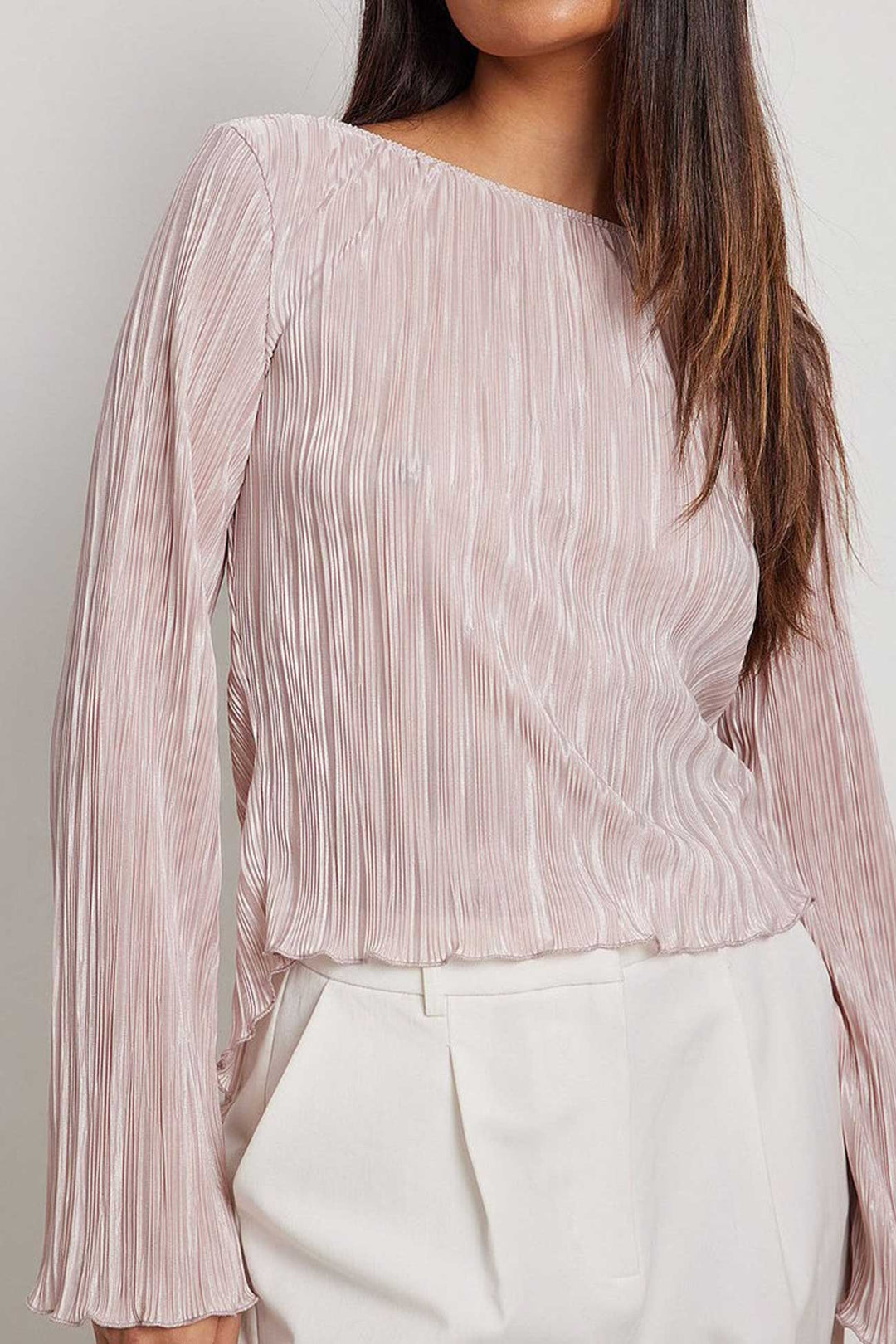 Pleated Long Flares Sleeve Tie-back Tops Pink · S