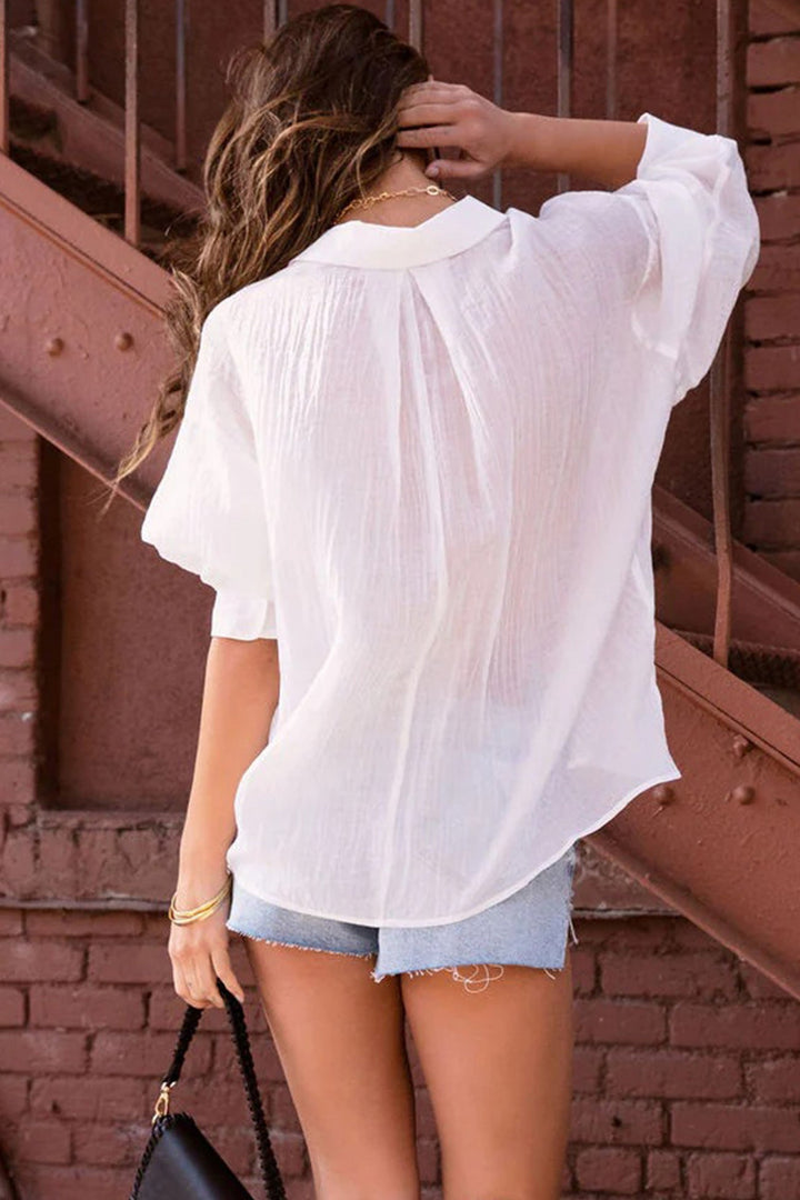Pleated Long Sleeve Loose Blouse White · L