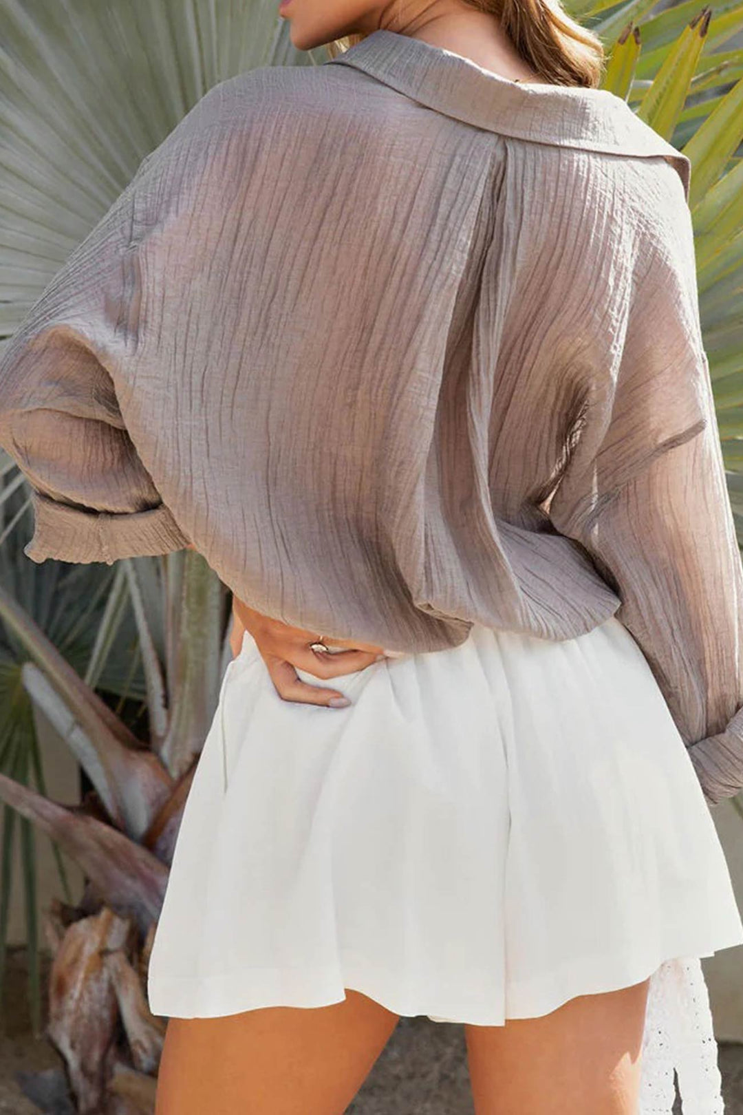 Pleated Long Sleeve Loose Blouse Grey · L