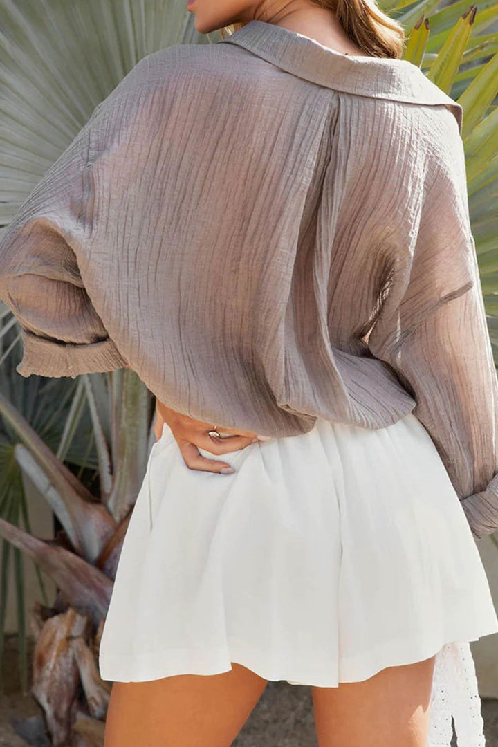 Pleated Long Sleeve Loose Blouse Grey · L