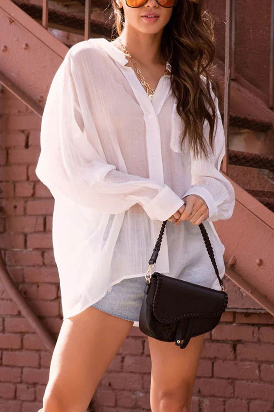 Pleated Long Sleeve Loose Blouse White · S