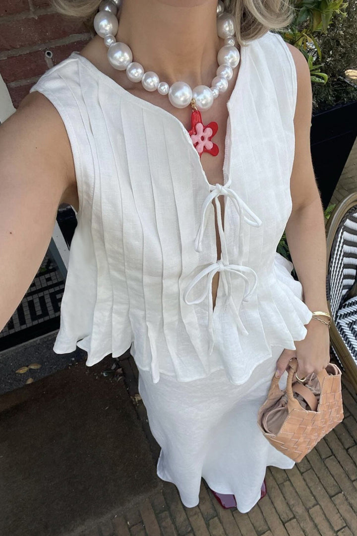 Pleated Tie-up Cotton Linen Tank Top White · S