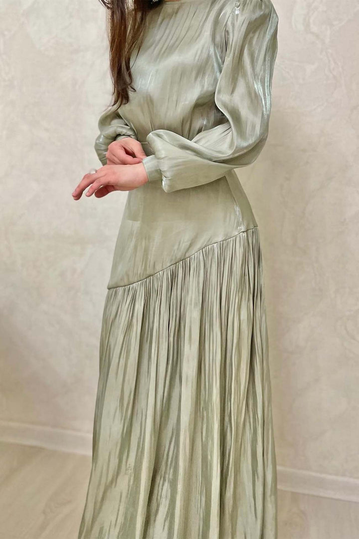 Pleated Tie Waist Long Sleeve Maxi Dress Yellow Green · S