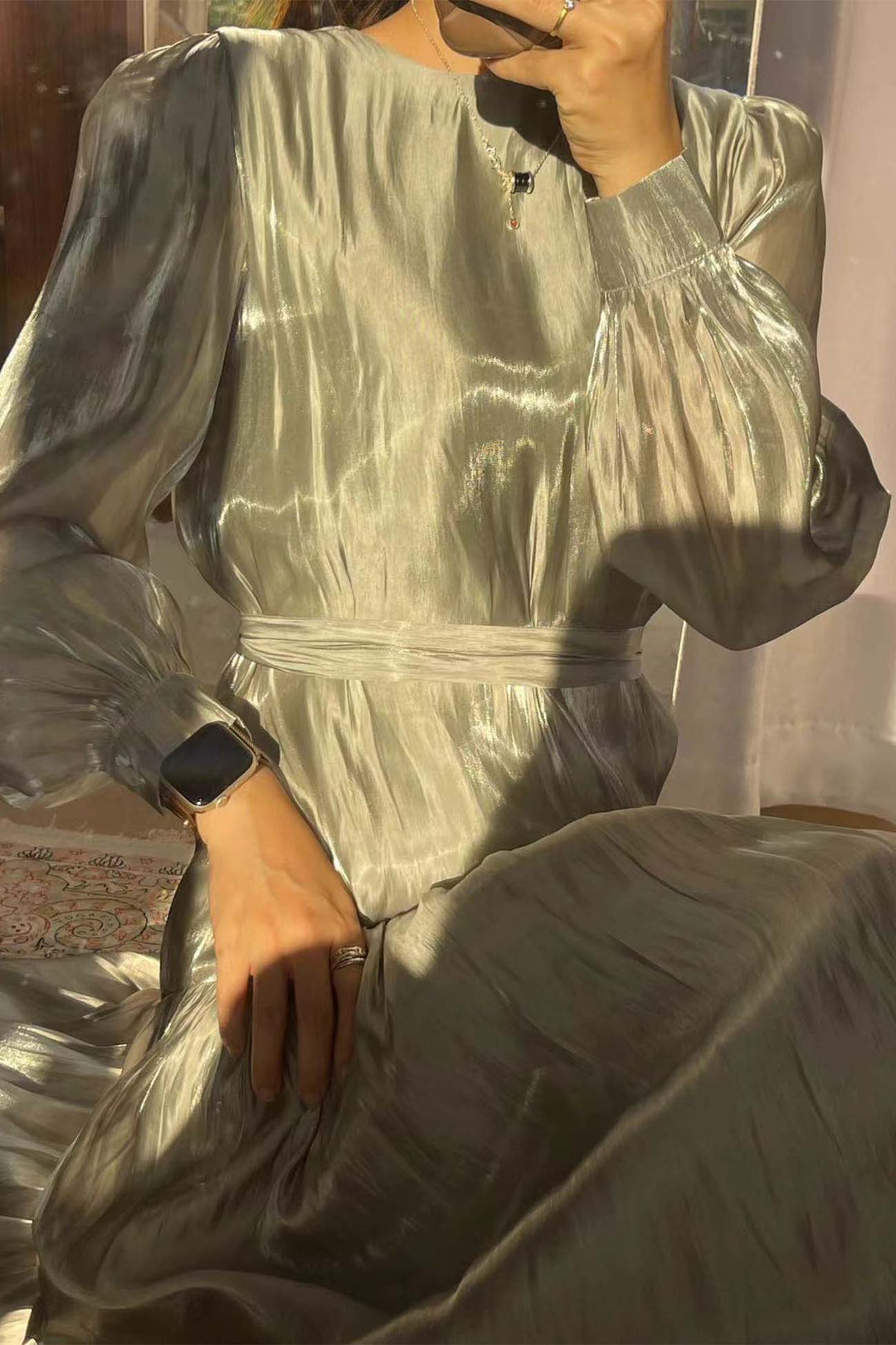 Pleated Tie Waist Long Sleeve Maxi Dress Yellow Green · M