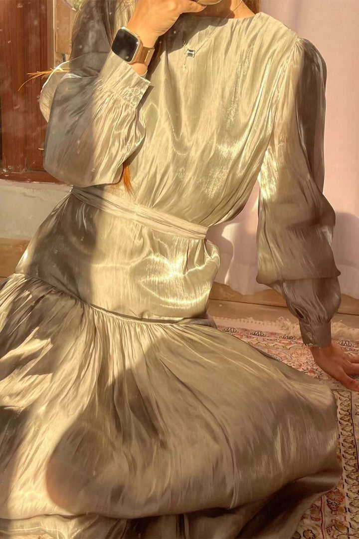 Pleated Tie Waist Long Sleeve Maxi Dress Yellow Green · L