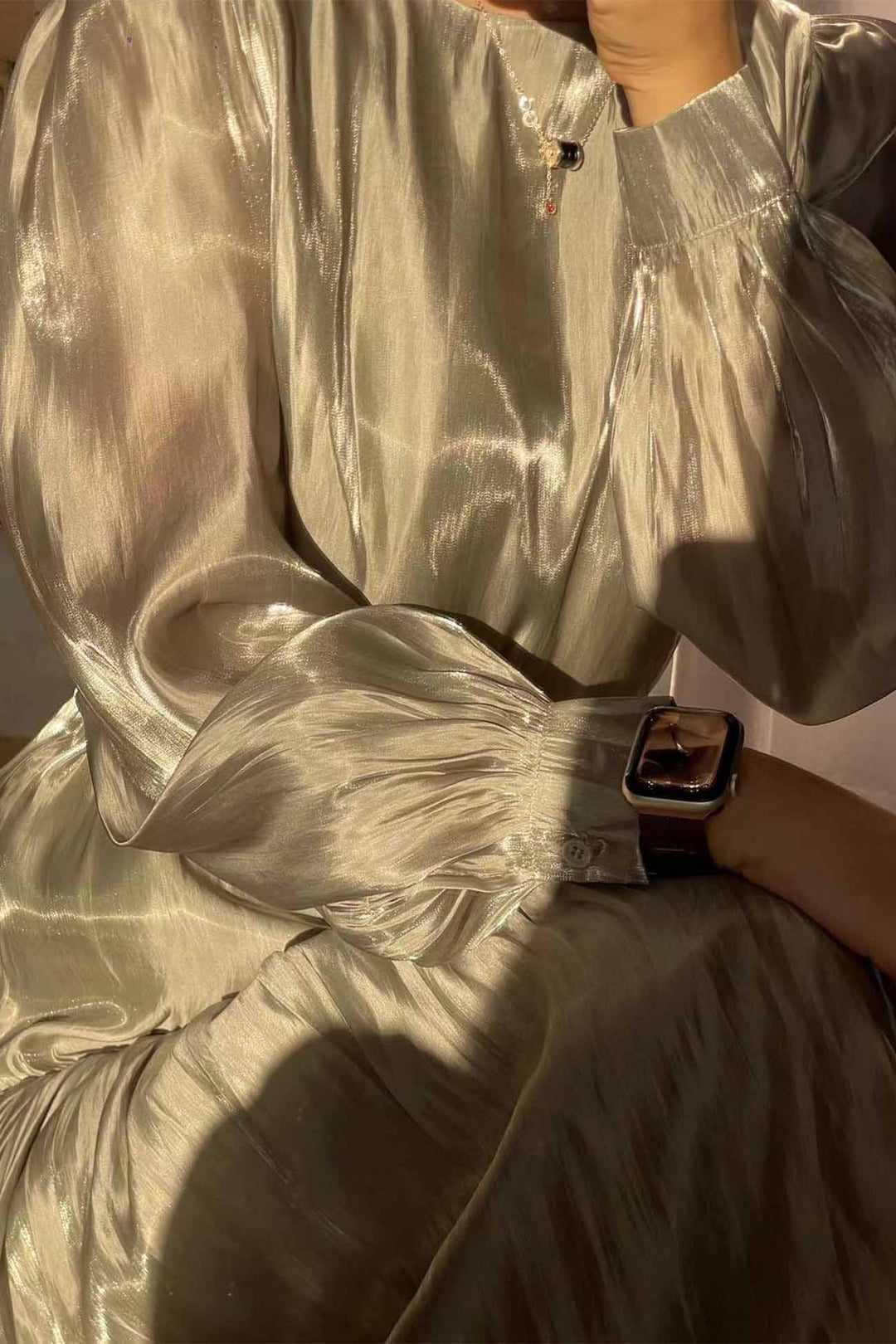 Pleated Tie Waist Long Sleeve Maxi Dress Yellow Green · XL