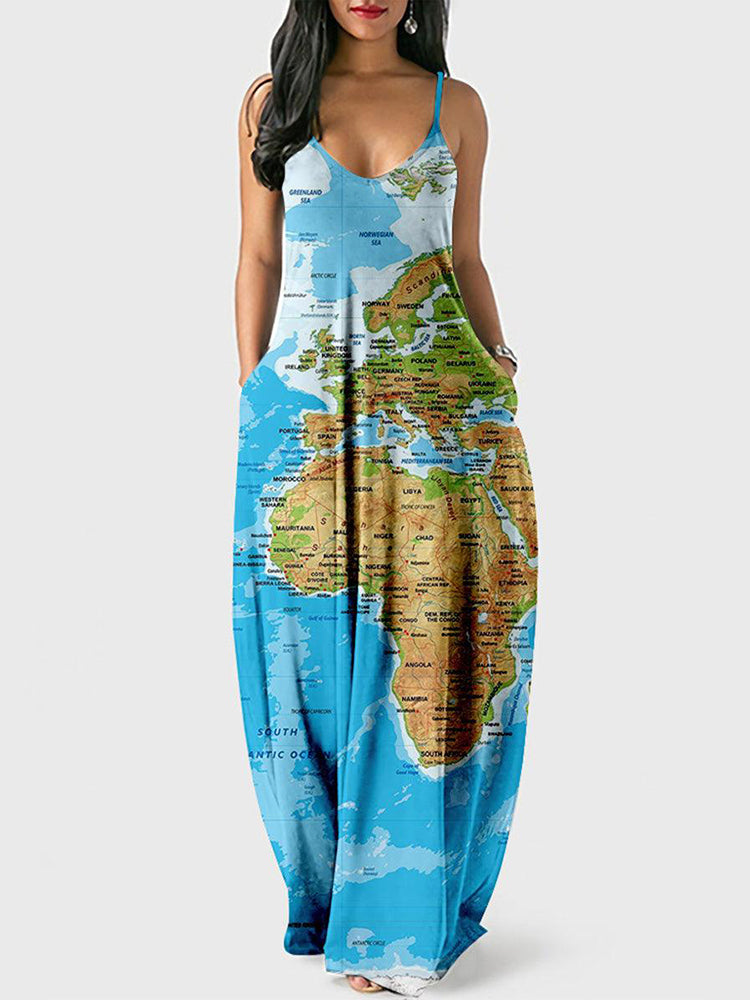 Casual Map Print Spaghetti Strap Maxi Dress Blue / 2XL