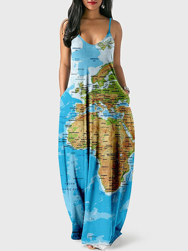 Casual Map Print Spaghetti Strap Maxi Dress Blue / 2XL