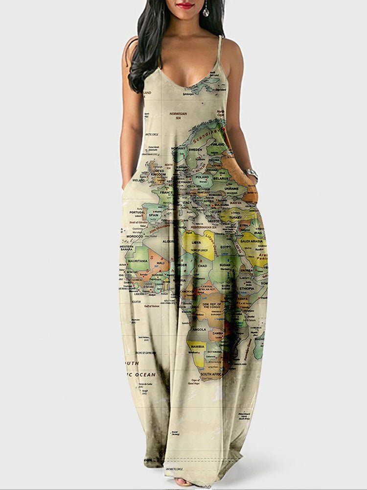 Casual Map Print Spaghetti Strap Maxi Dress Blue / XL