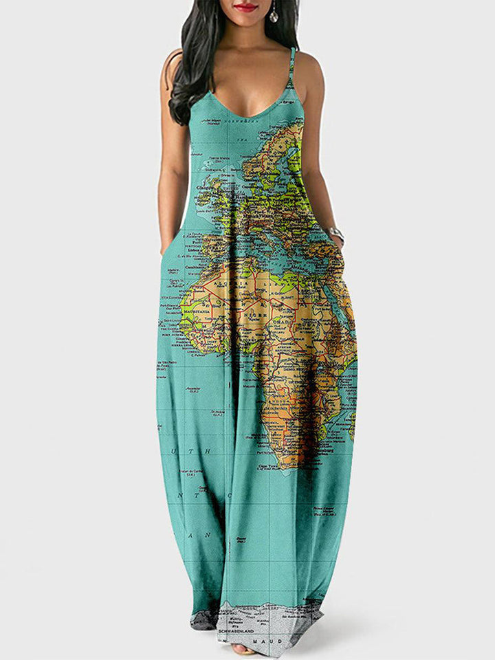 Casual Map Print Spaghetti Strap Maxi Dress Blue / S