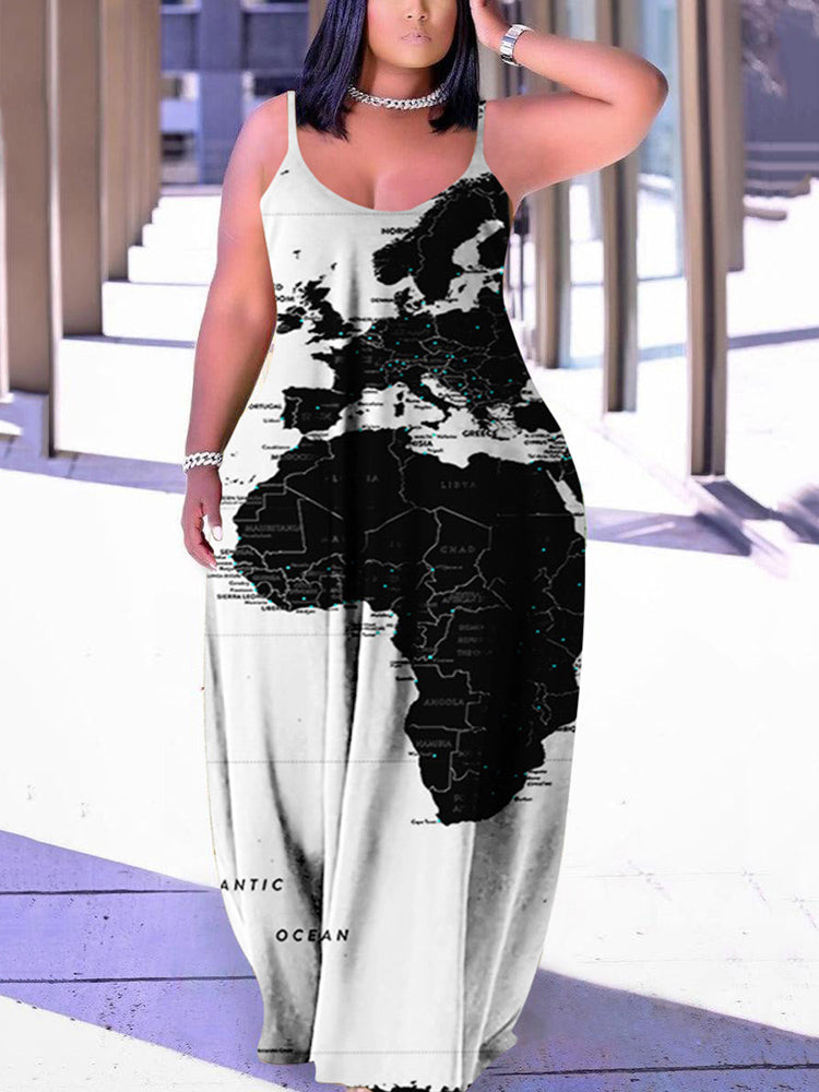Casual Map Print Spaghetti Strap Maxi Dress Green / 2XL