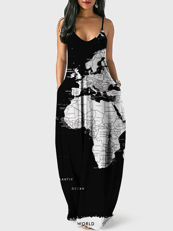 Casual Map Print Spaghetti Strap Maxi Dress Green / 4XL