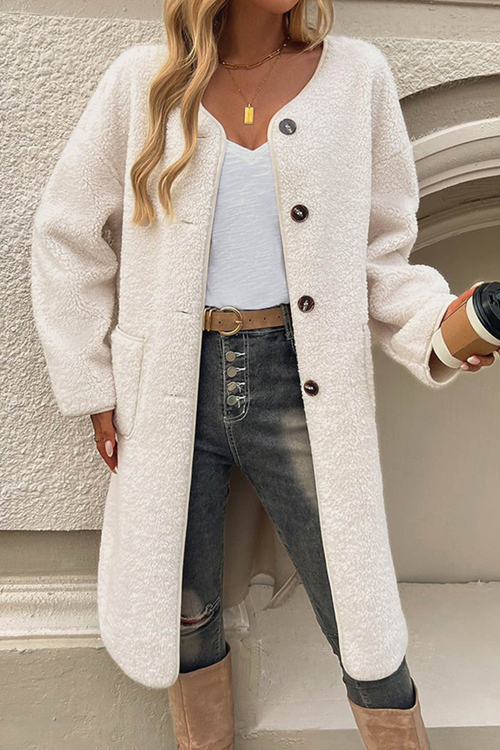 Plush Single-breasted Slit Cardigan White · M