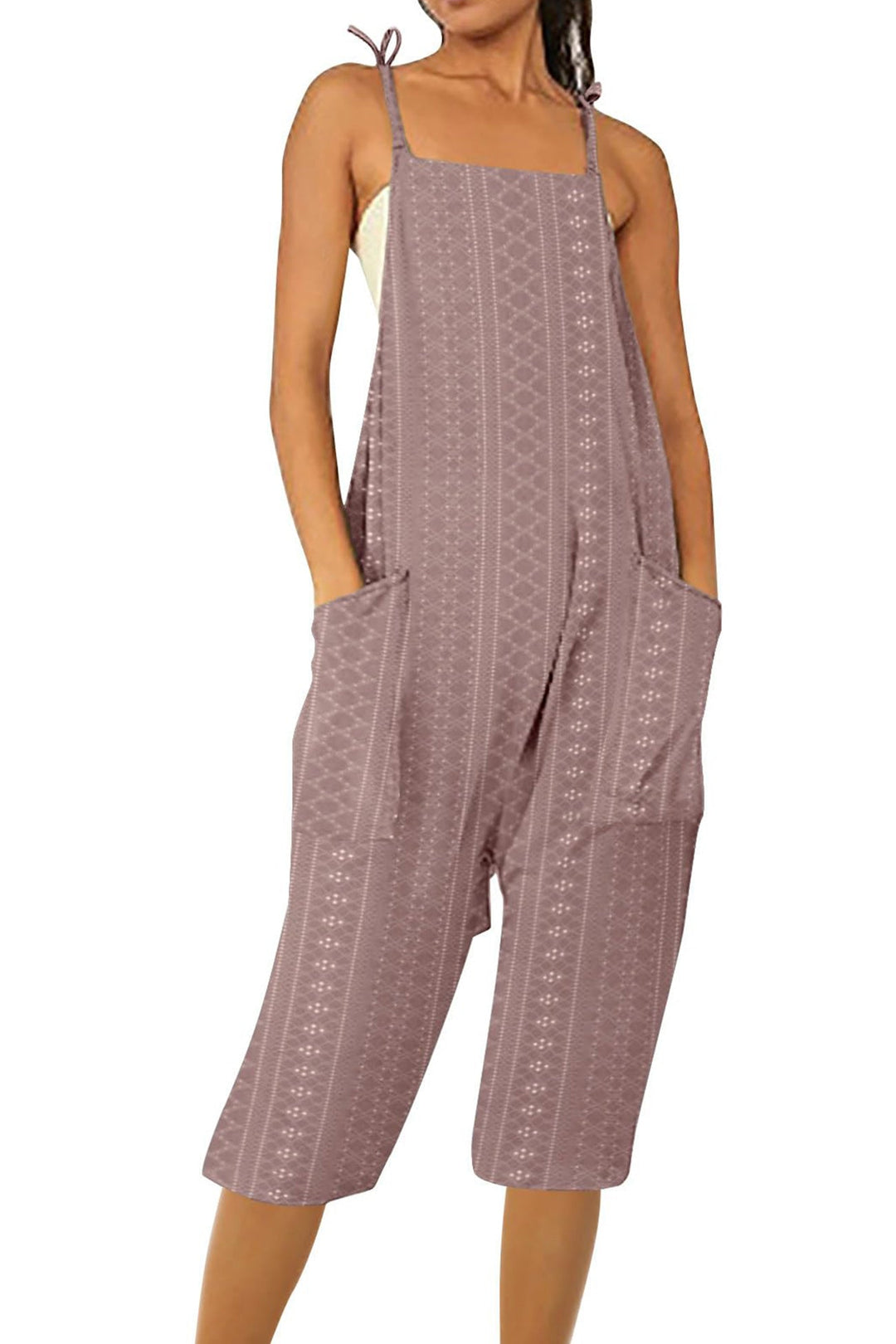 Pocket Eyelet Cami Capri Jumpsuits Purple · M