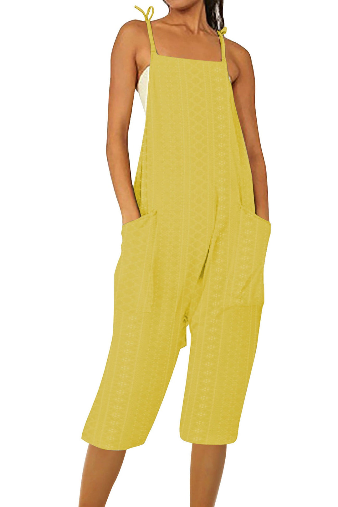 Pocket Eyelet Cami Capri Jumpsuits White · 3XL