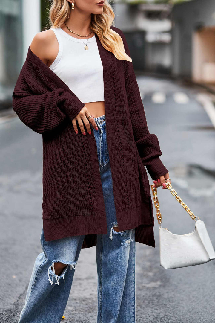 Pocketed Open Front Slit Hem Long Cardigan Grey · L