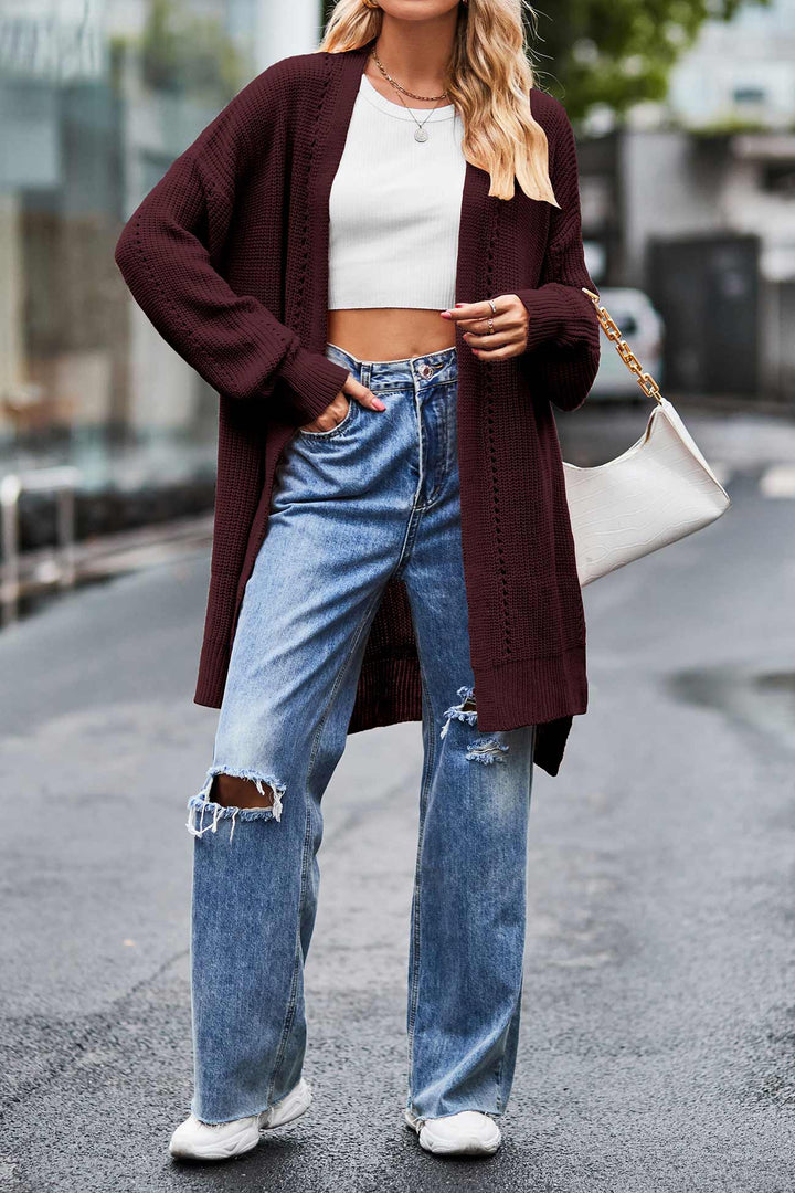 Pocketed Open Front Slit Hem Long Cardigan Black · S