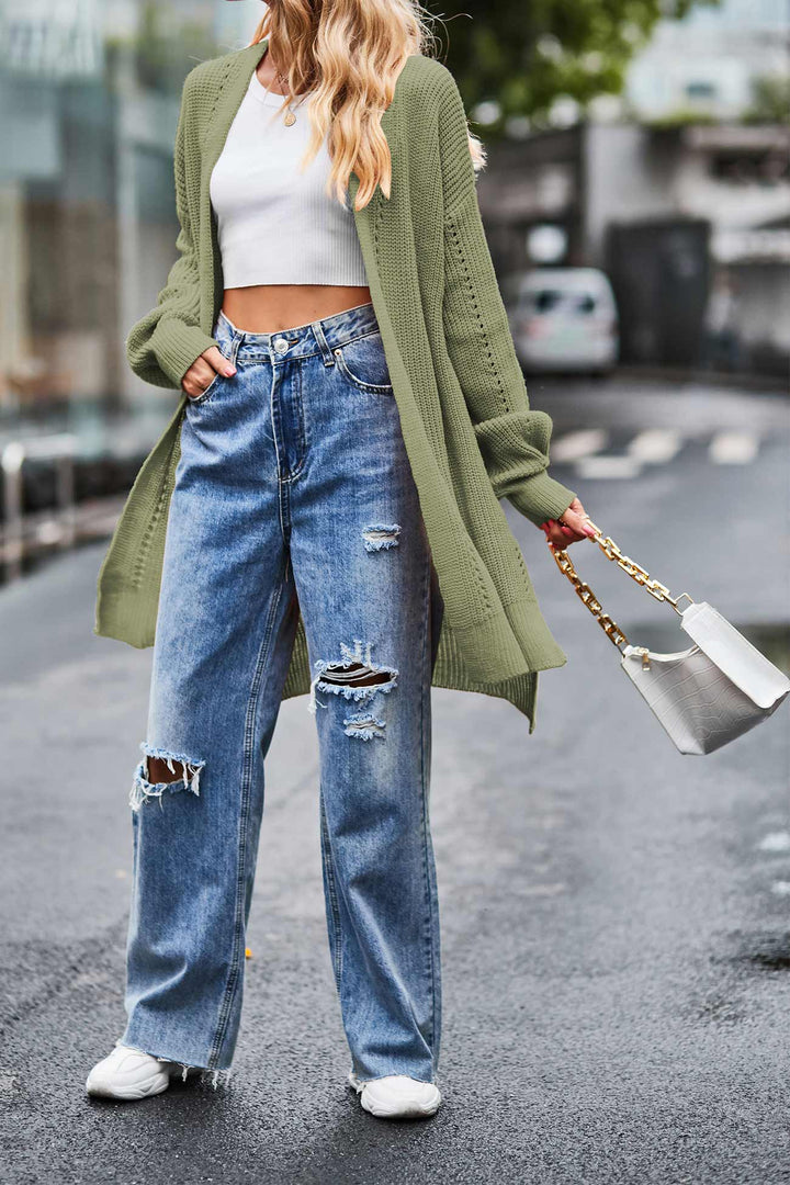 Pocketed Open Front Slit Hem Long Cardigan Black · L