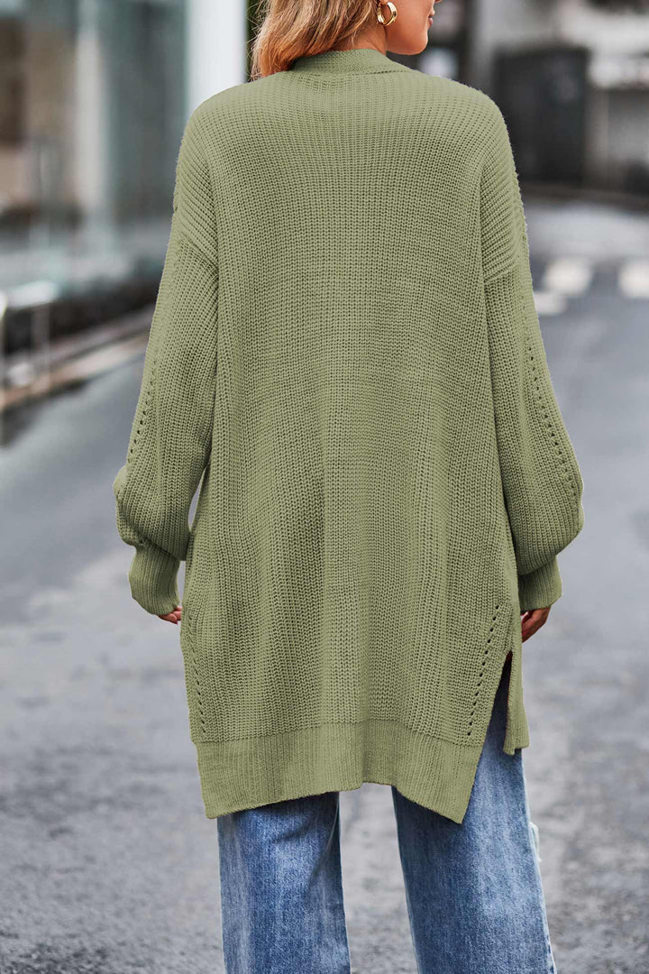 Pocketed Open Front Slit Hem Long Cardigan Black · XL