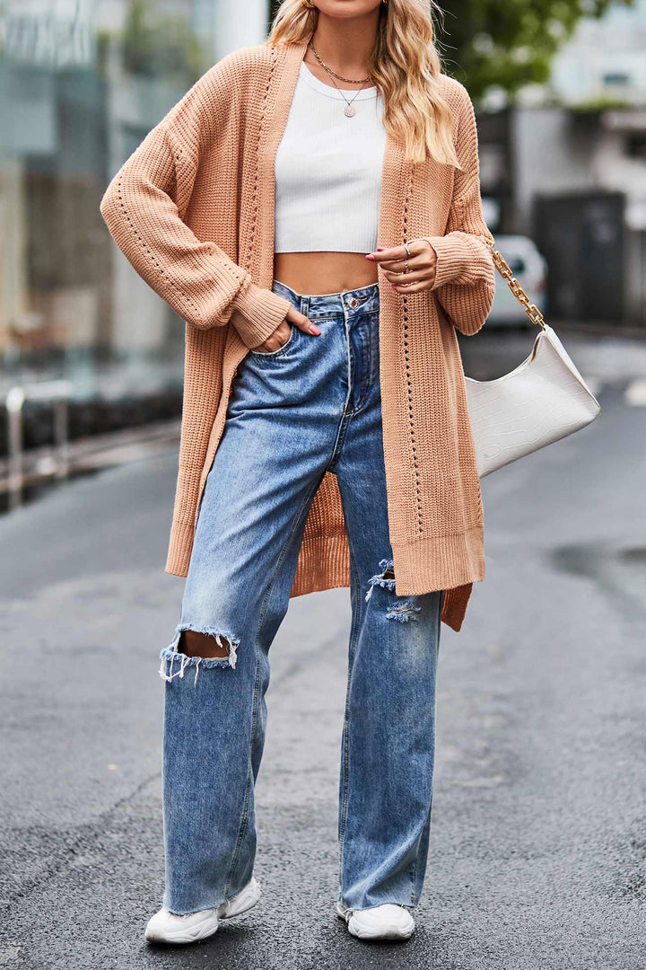 Pocketed Open Front Slit Hem Long Cardigan Beige · M