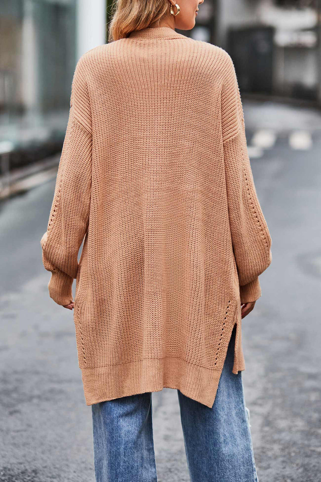 Pocketed Open Front Slit Hem Long Cardigan Beige · XL