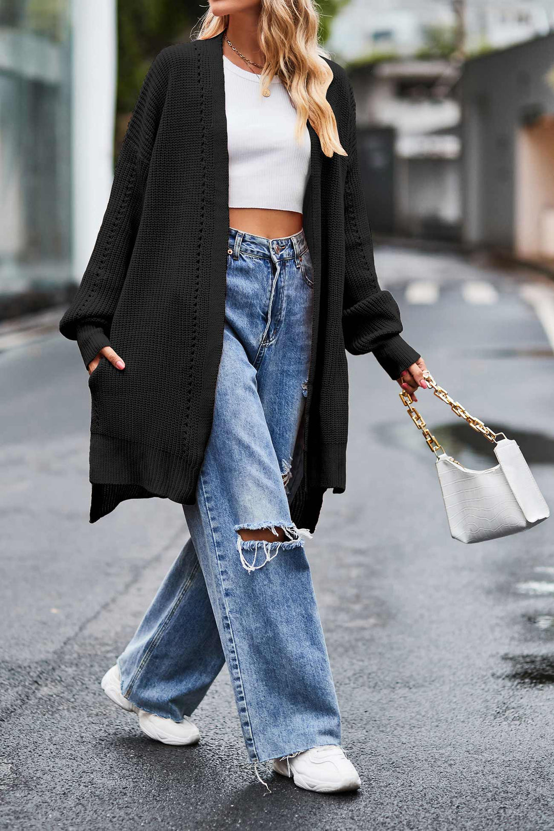 Pocketed Open Front Slit Hem Long Cardigan Grey · S