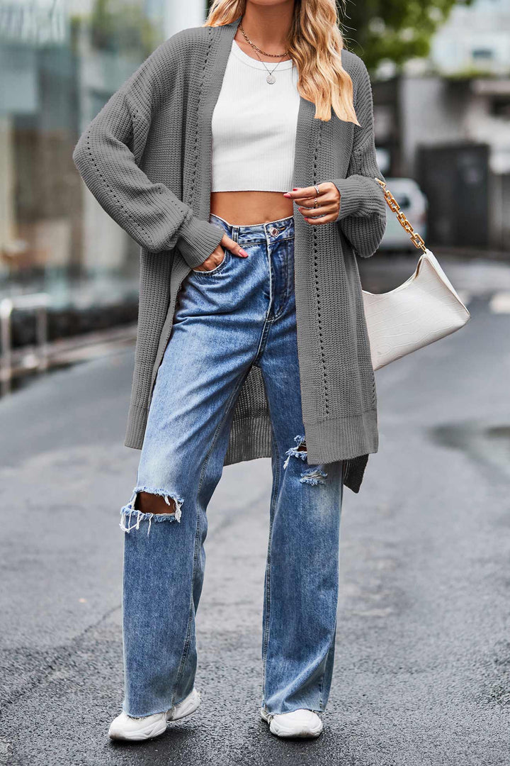 Pocketed Open Front Slit Hem Long Cardigan Orange · S