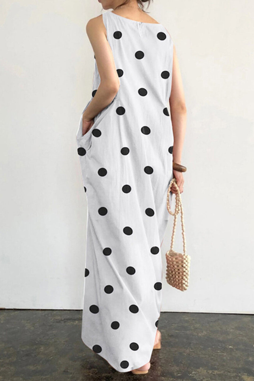 Polka Dots Large Pockets Tank Dress White · S