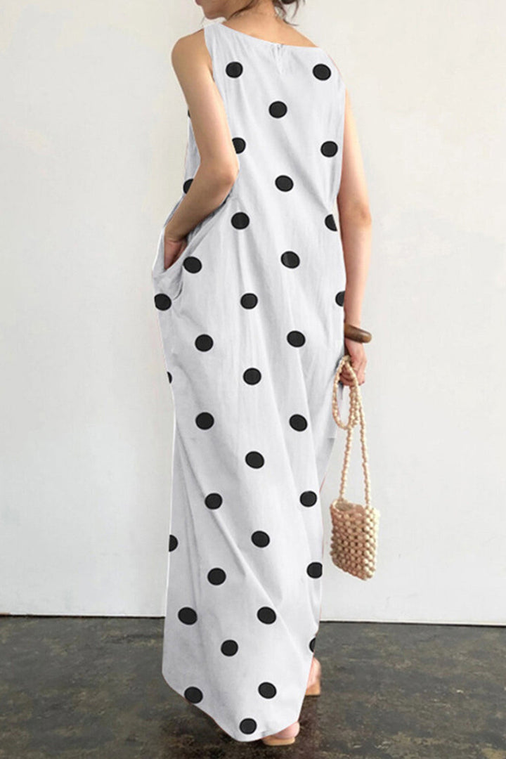 Polka Dots Large Pockets Tank Dress White · S