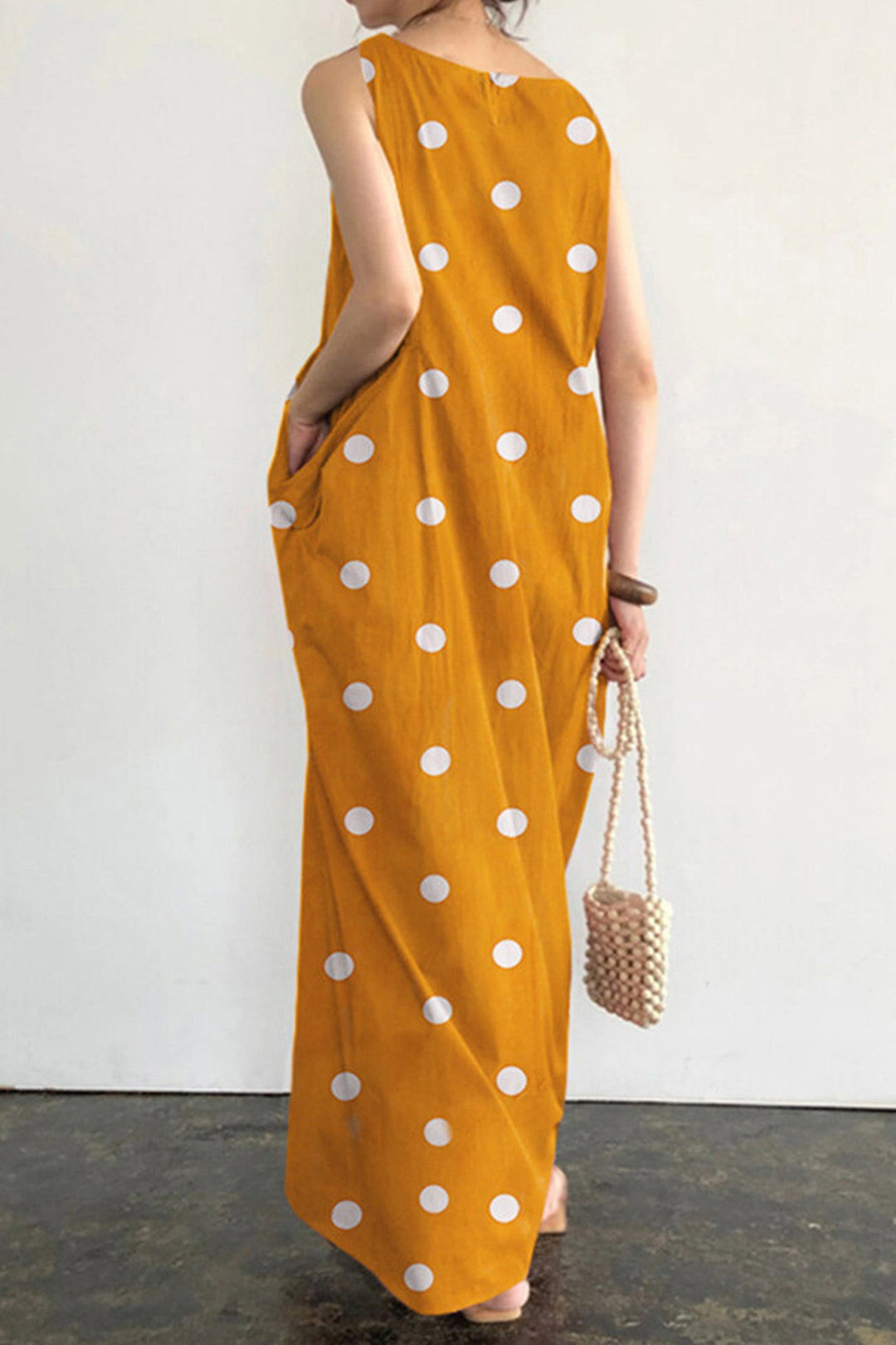 Polka Dots Large Pockets Tank Dress White · L