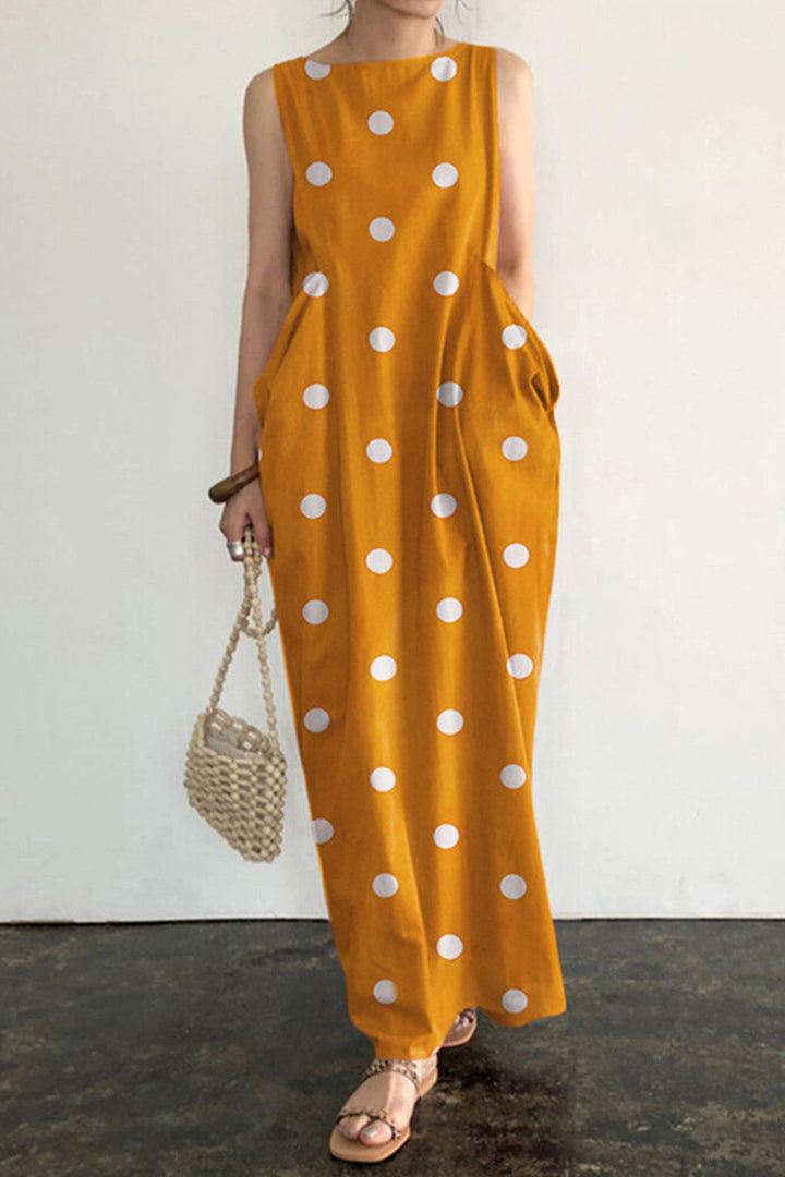 Polka Dots Large Pockets Tank Dress White · M
