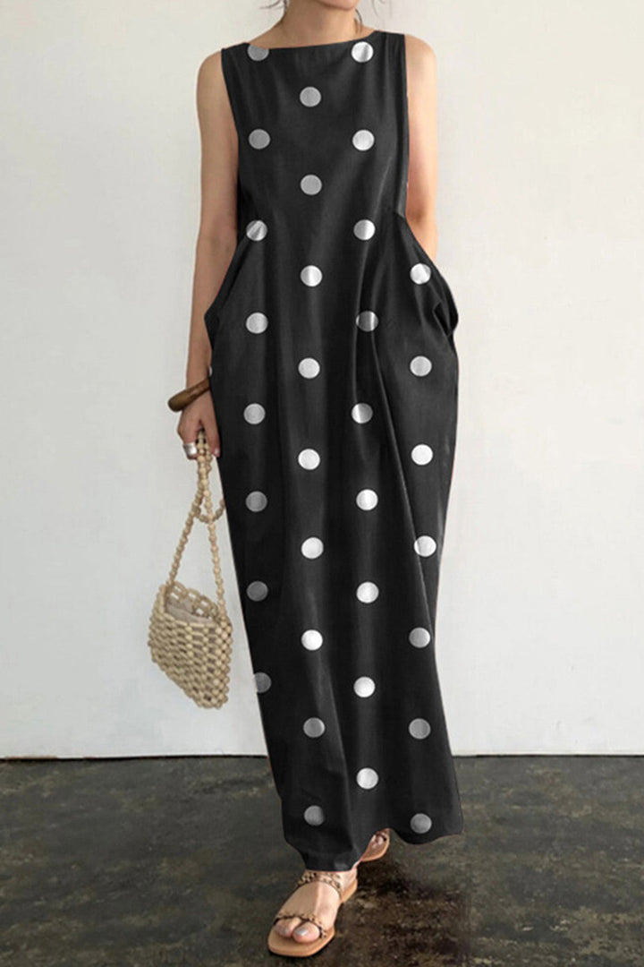 Polka Dots Large Pockets Tank Dress White · 2XL