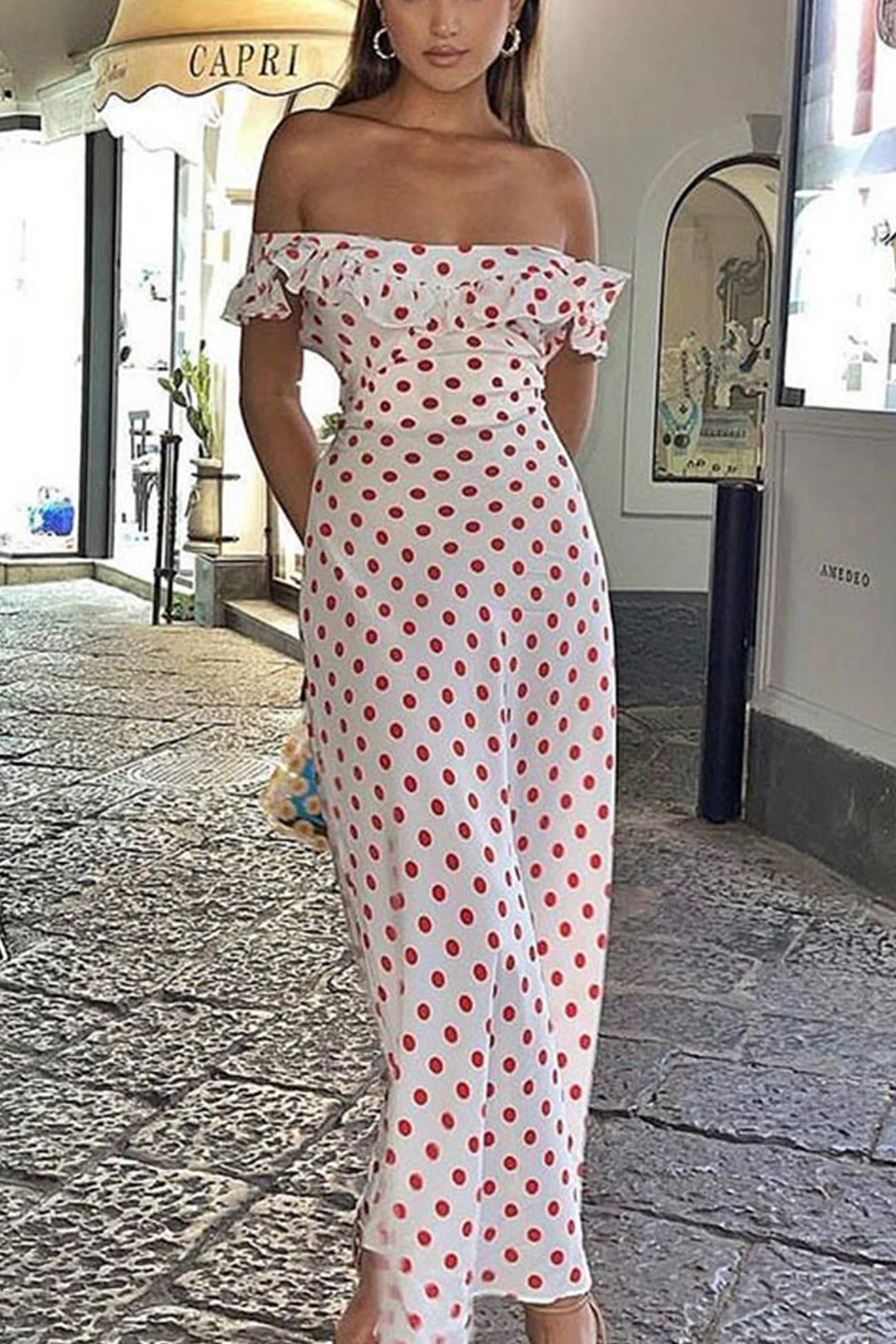 Polka Dots Ruffle Tie-up Midi Dress White · L