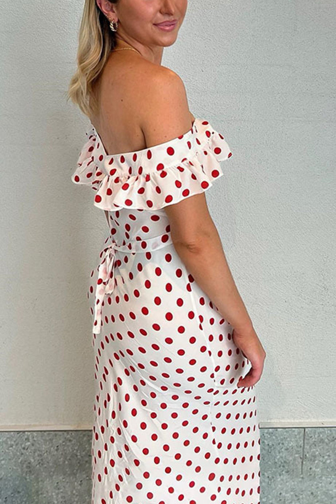 Polka Dots Ruffle Tie-up Midi Dress White · M