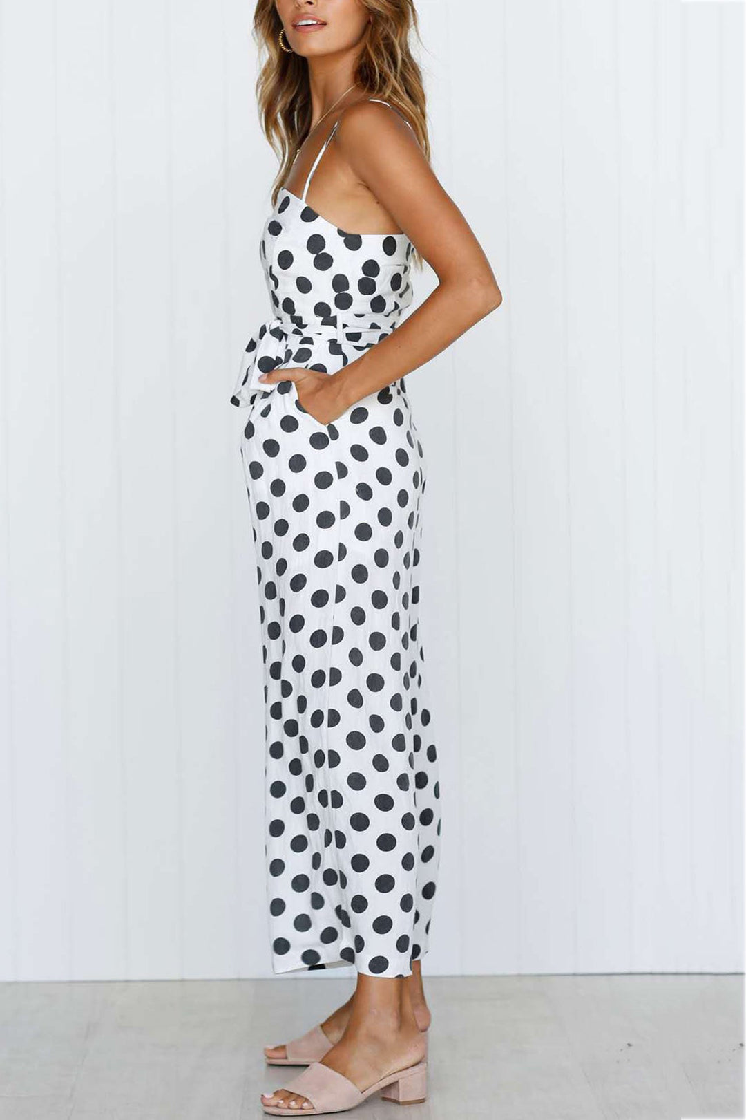 Polka Dots Tie-waist Cami Jumpsuits White · S
