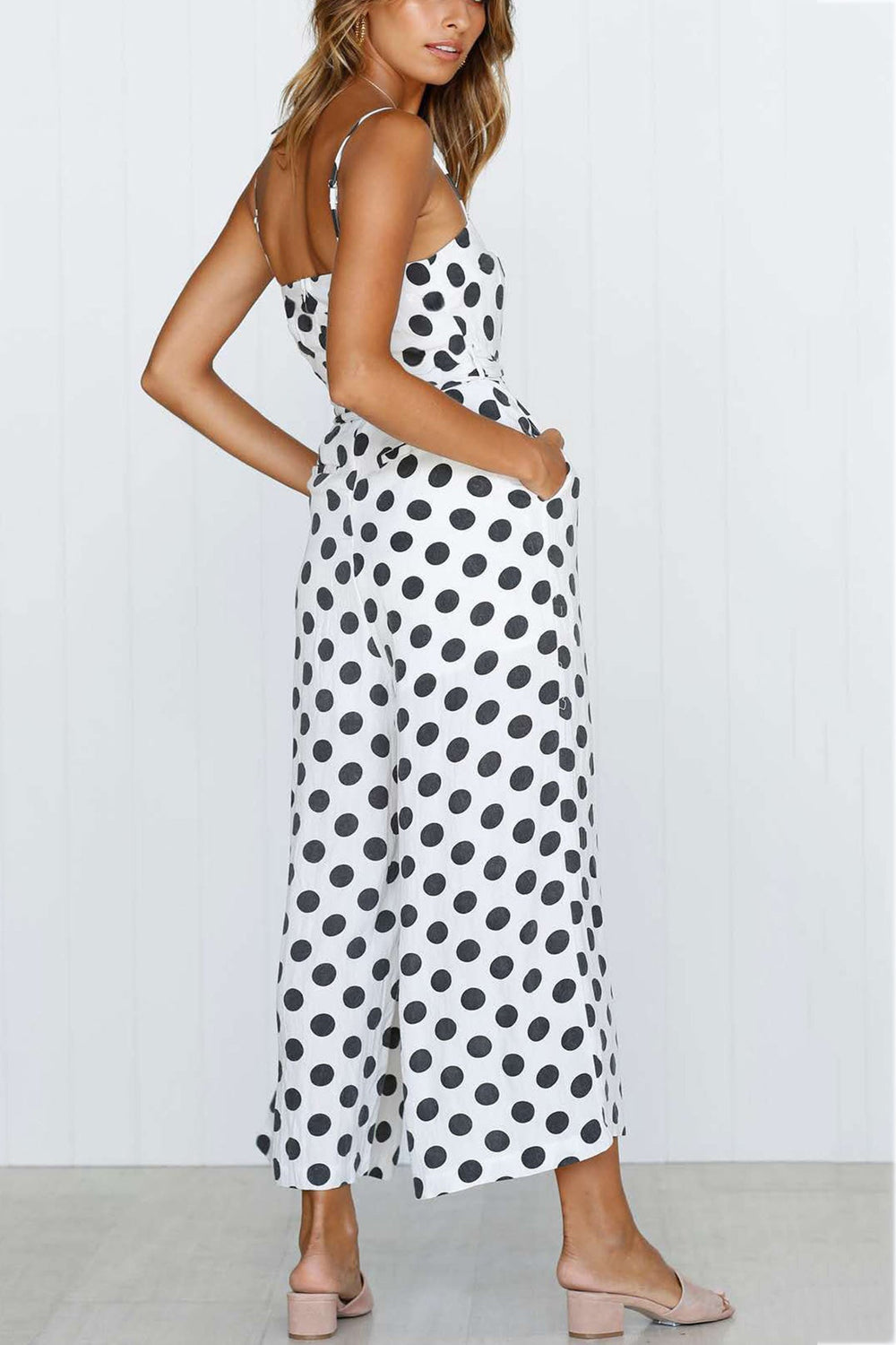 Polka Dots Tie-waist Cami Jumpsuits White · M