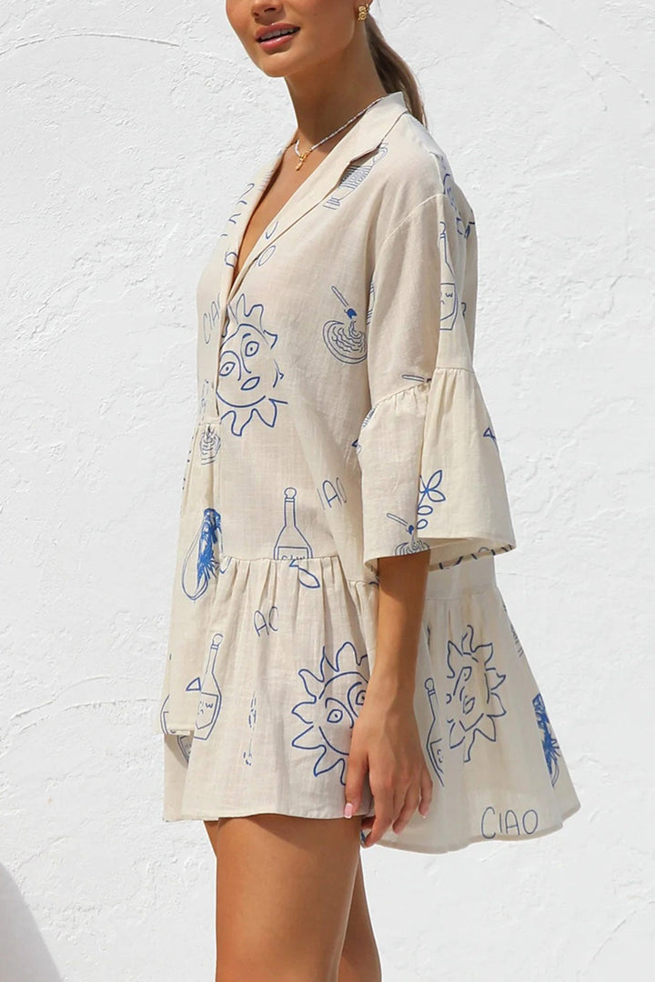 Printed Flares Sleeve Ruched Mini Dress Black · S
