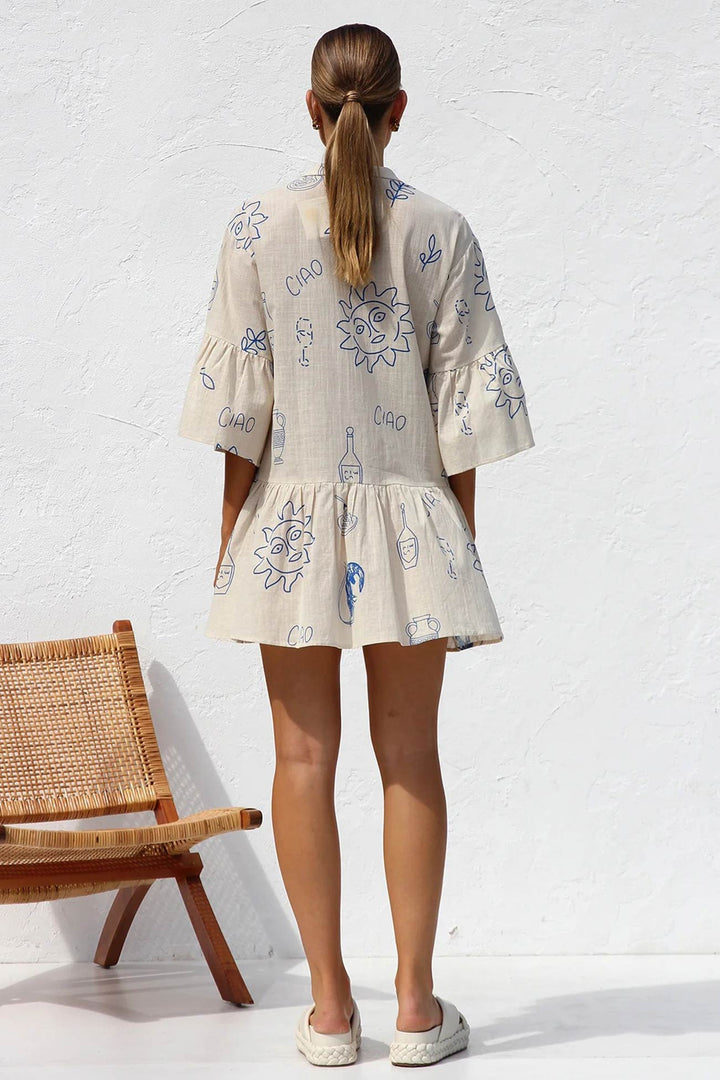 Printed Flares Sleeve Ruched Mini Dress Black · XL