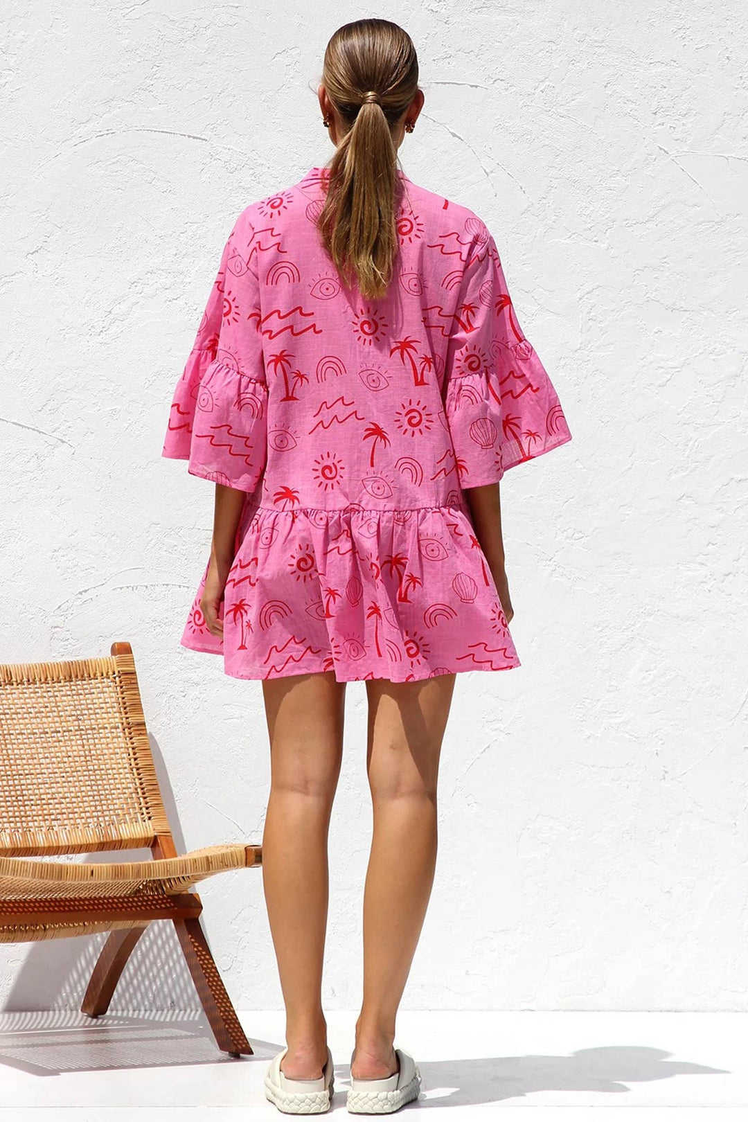 Printed Flares Sleeve Ruched Mini Dress Beige Blue · L