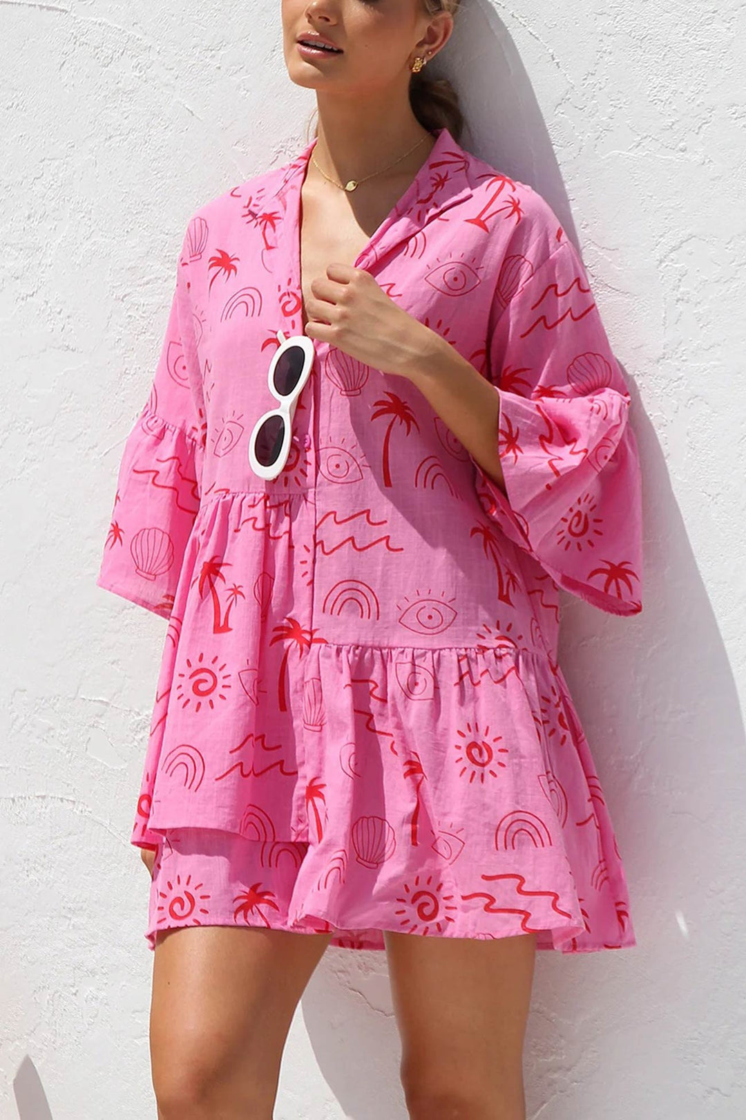 Printed Flares Sleeve Ruched Mini Dress Rose · S