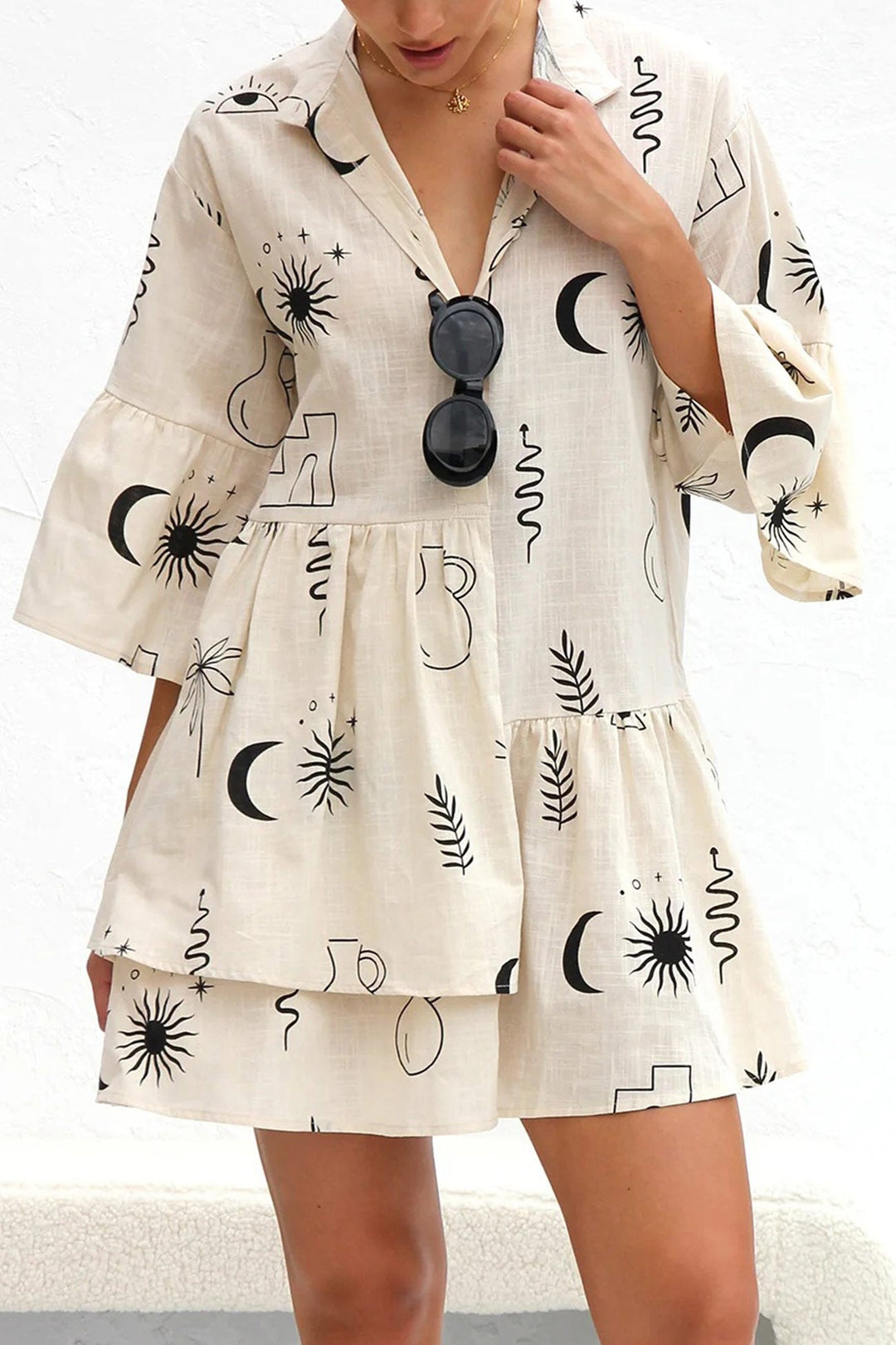 Printed Flares Sleeve Ruched Mini Dress Orange · L