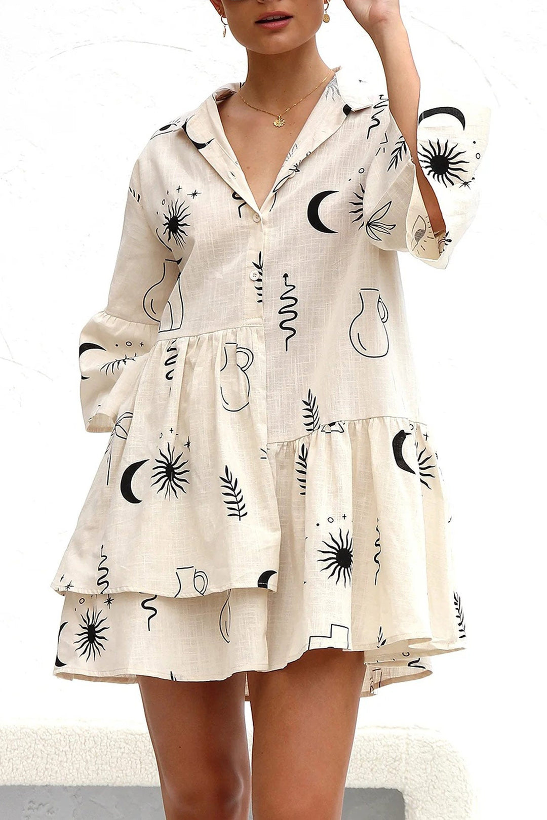 Printed Flares Sleeve Ruched Mini Dress Orange · XL