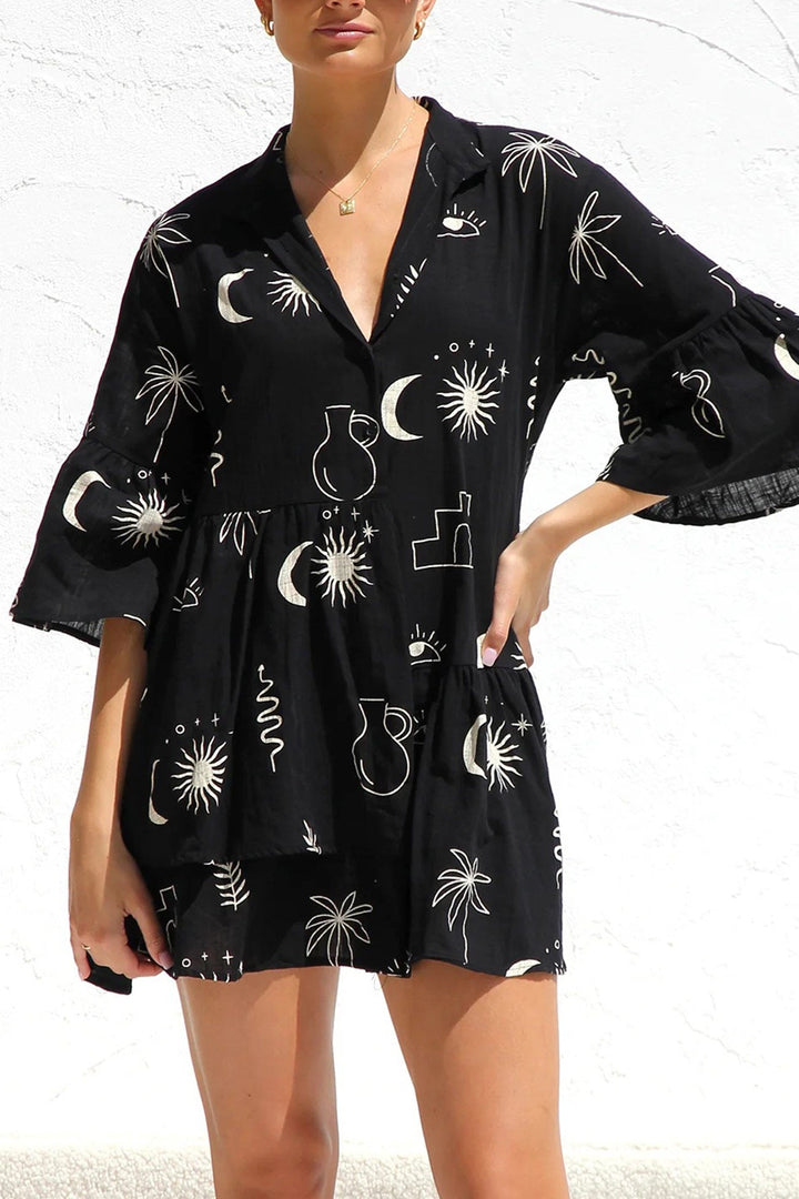 Printed Flares Sleeve Ruched Mini Dress Beige Black · S