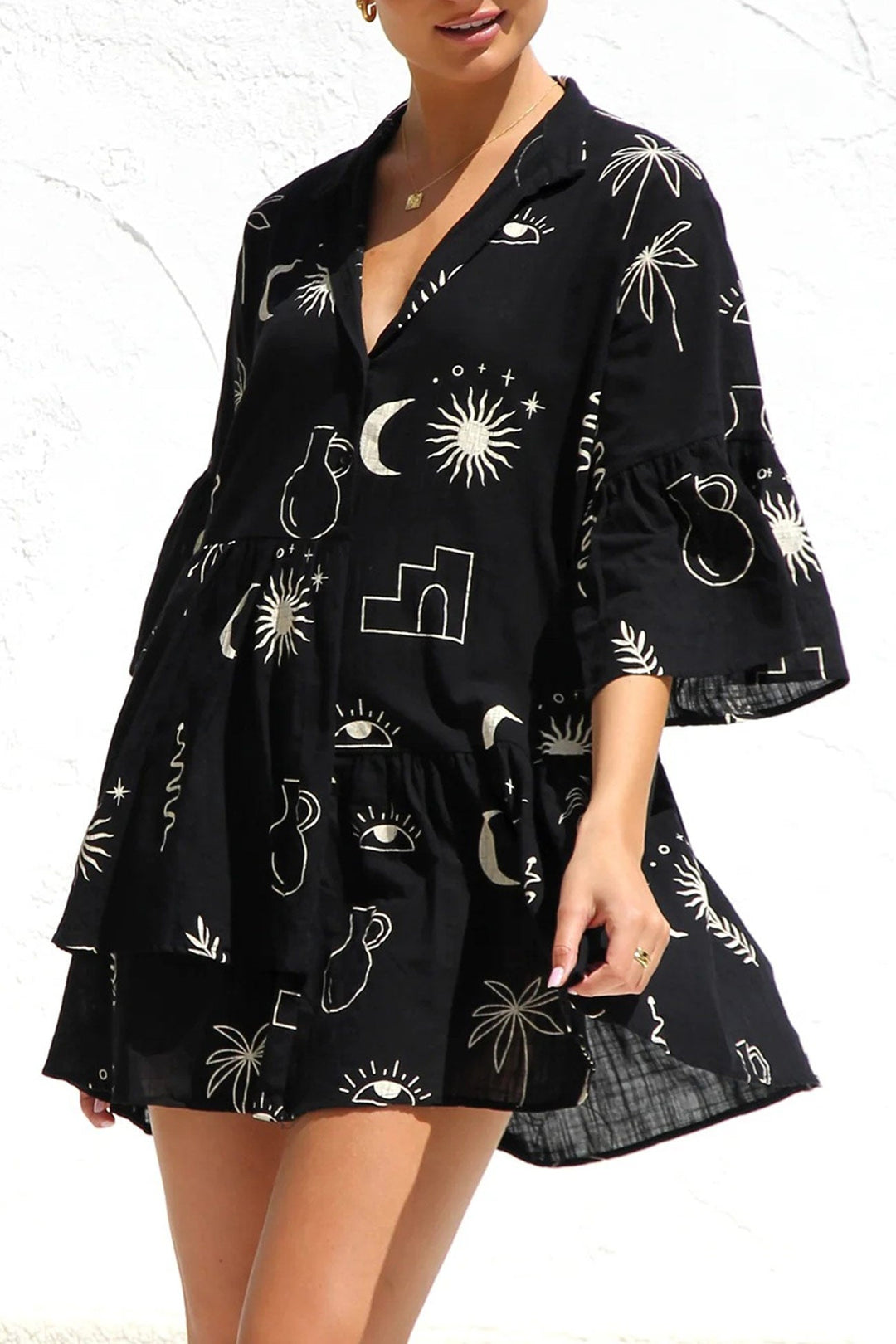 Printed Flares Sleeve Ruched Mini Dress Beige Black · M