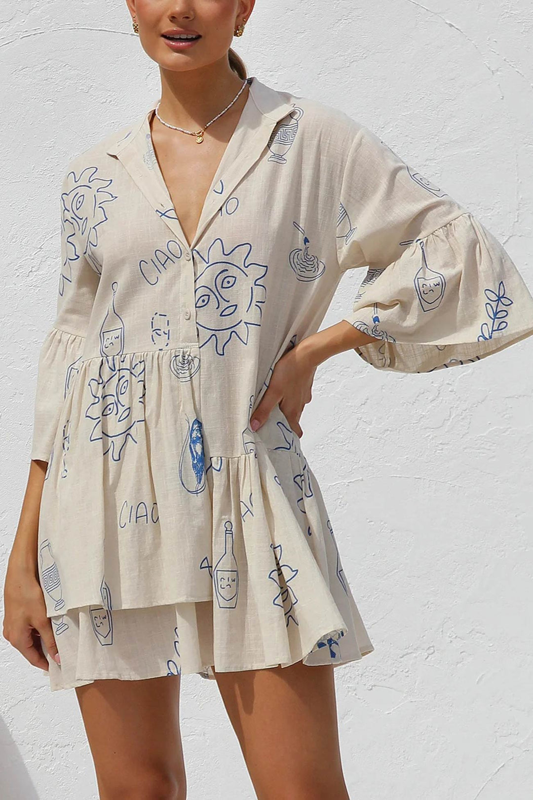 Printed Flares Sleeve Ruched Mini Dress Beige Blue · XL